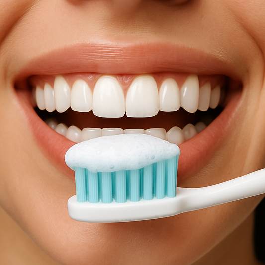 Close-up of a smiling mouth with white teeth being brushed with a toothbrush full of foamy toothpaste.
